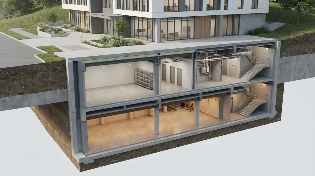 A floor built directly underneath a standard basement floor level.