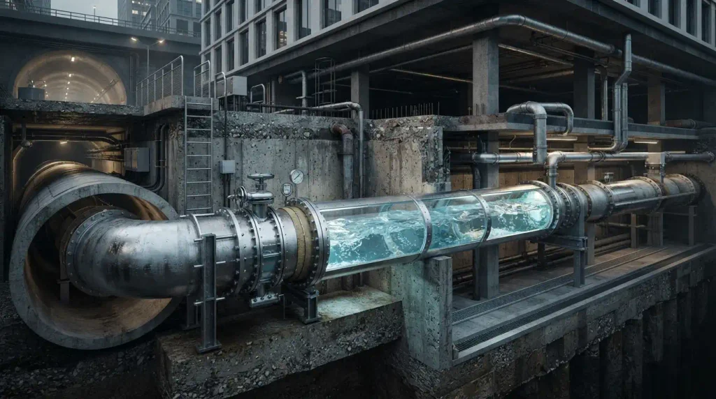  A pipe, tube, or channel through which water or other fluids pass directly.