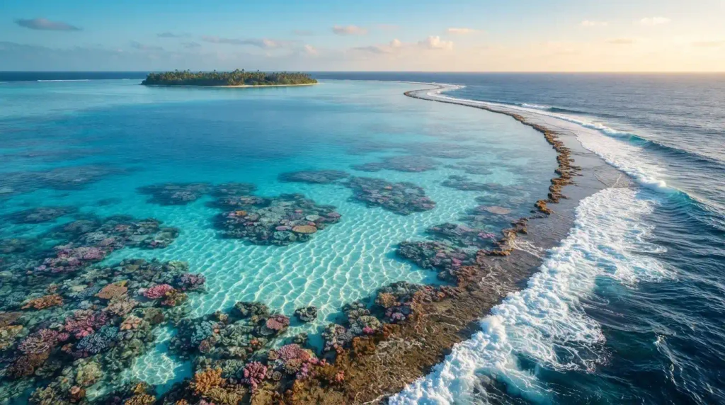 A shallow body of water separated from the ocean by reefs.