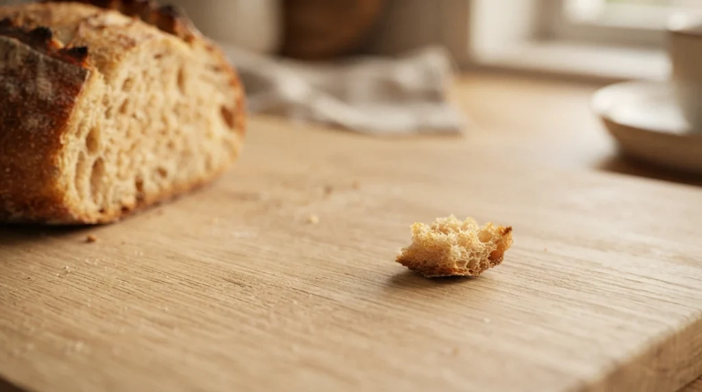 A tiny fragment of bread, cake, or biscuit.