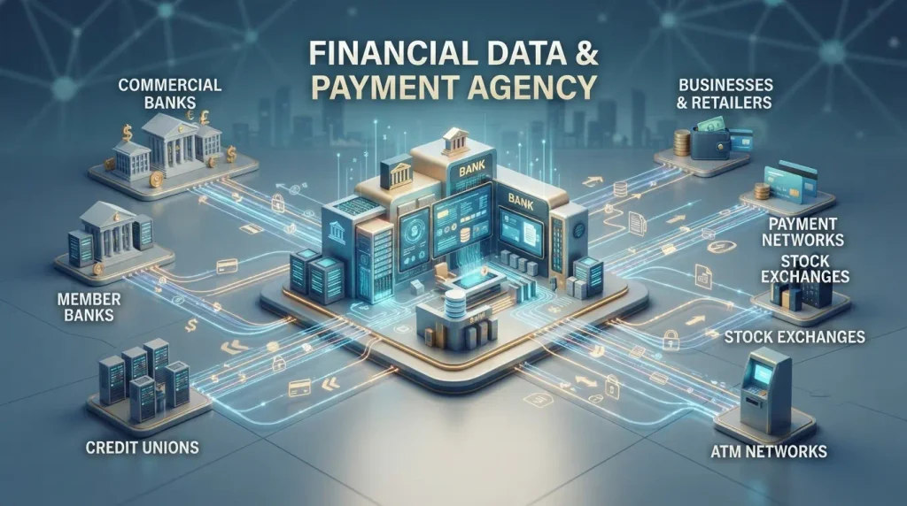 An agency or central organization collecting and exchanging financial data or payments.  