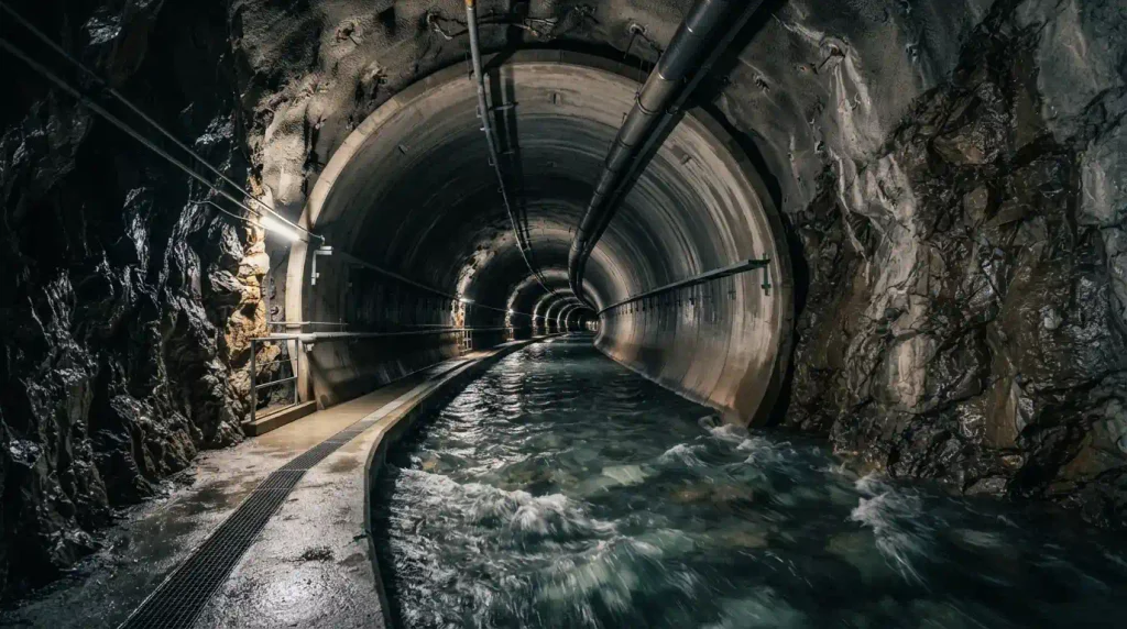 An underground passage constructed to convey large volumes of water through rock or soil.