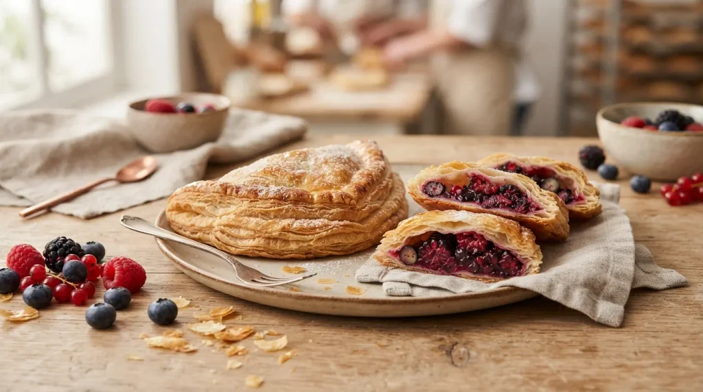 A pastry made by folding a piece of dough over a sweet fruit filling.