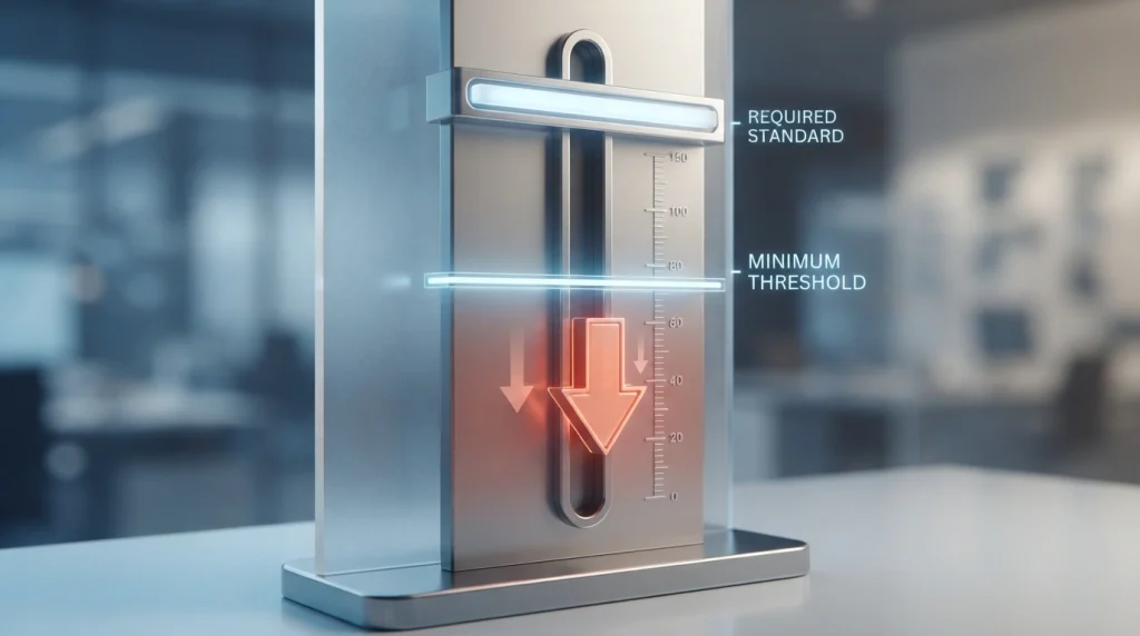 Falling below an established benchmark, quality, or minimum level.