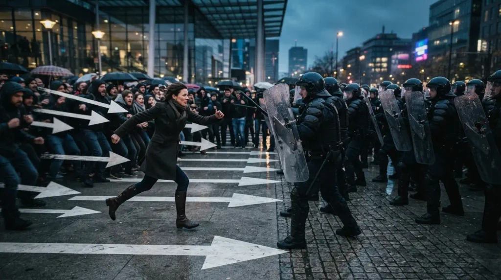  Moving, acting, or positioning in direct opposition to something.