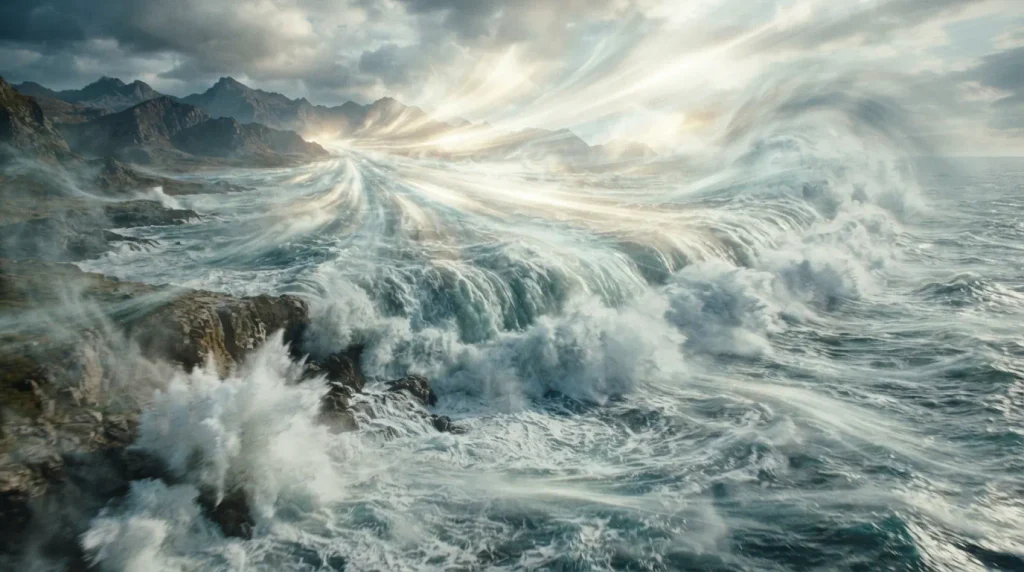  Overwhelming inflows or expanding expanses of water, light, or air moving together.