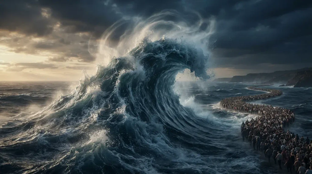Powerful upward or forward movements of waves, crowds, or rising atmospheric currents.
