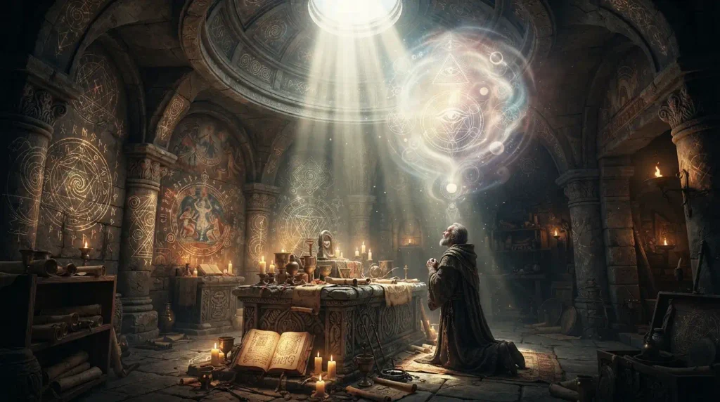 Relating to ancient religious mysteries or direct spiritual connection.