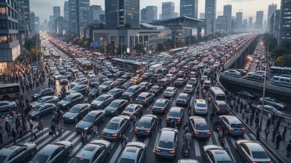 So crowded or full that movement is restricted or completely blocked.