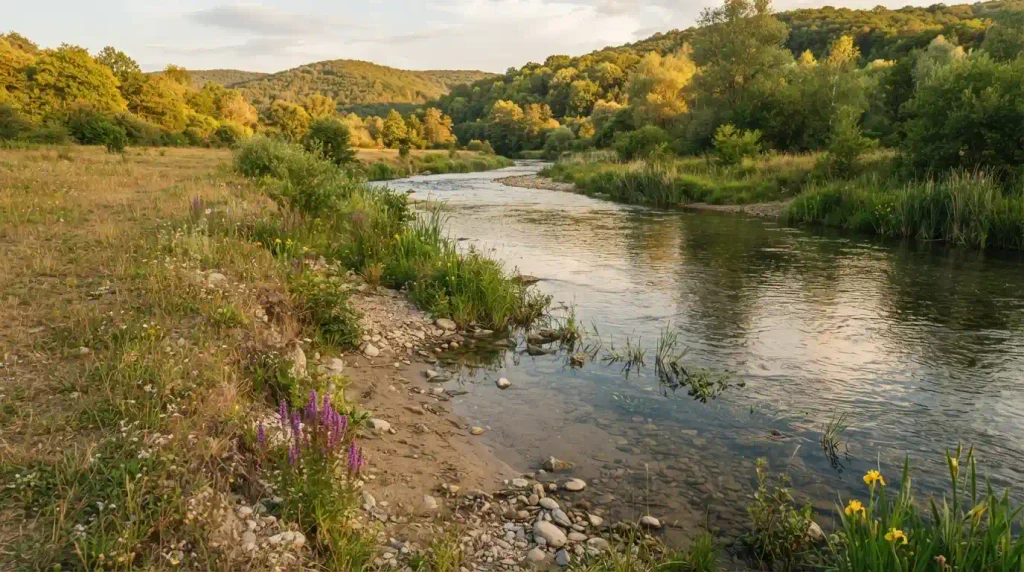 The interface area between dry land and a river or stream.