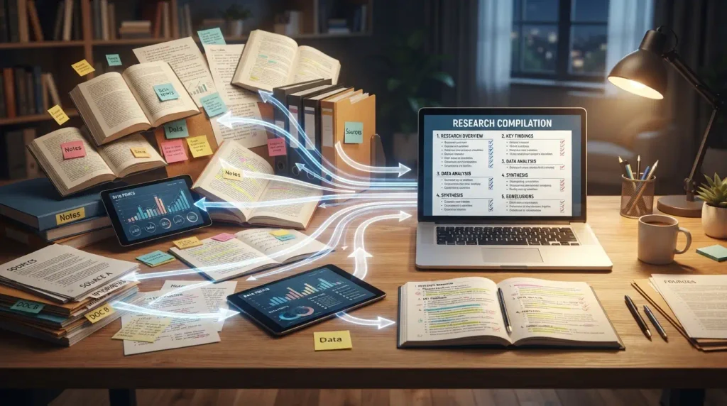 To collect and arrange information or documents from various sources into a single list.